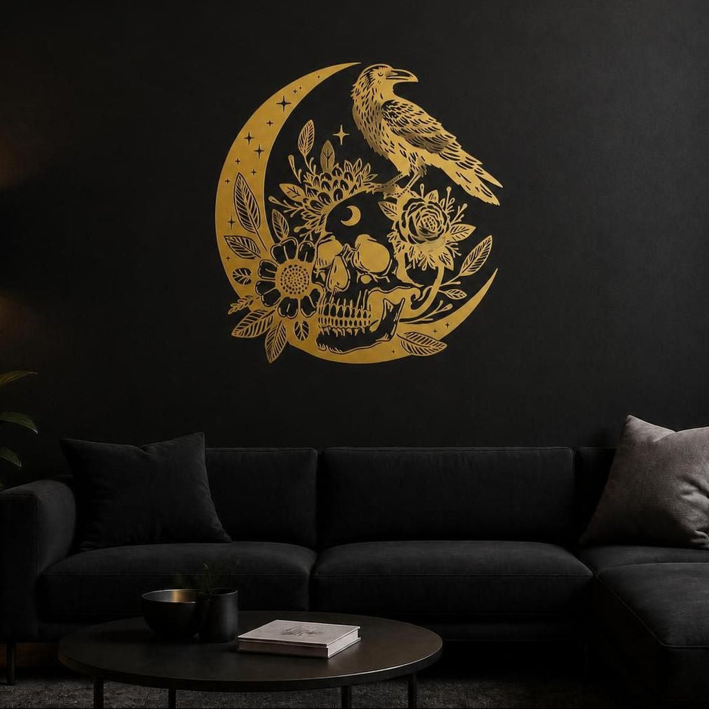 Gold raven perched on crescent moon with floral skull vinyl on interior wall