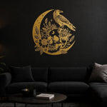 Gold raven perched on crescent moon with floral skull vinyl on interior wall