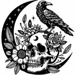 Black raven perched on crescent moon with floral skull vinyl  decal 