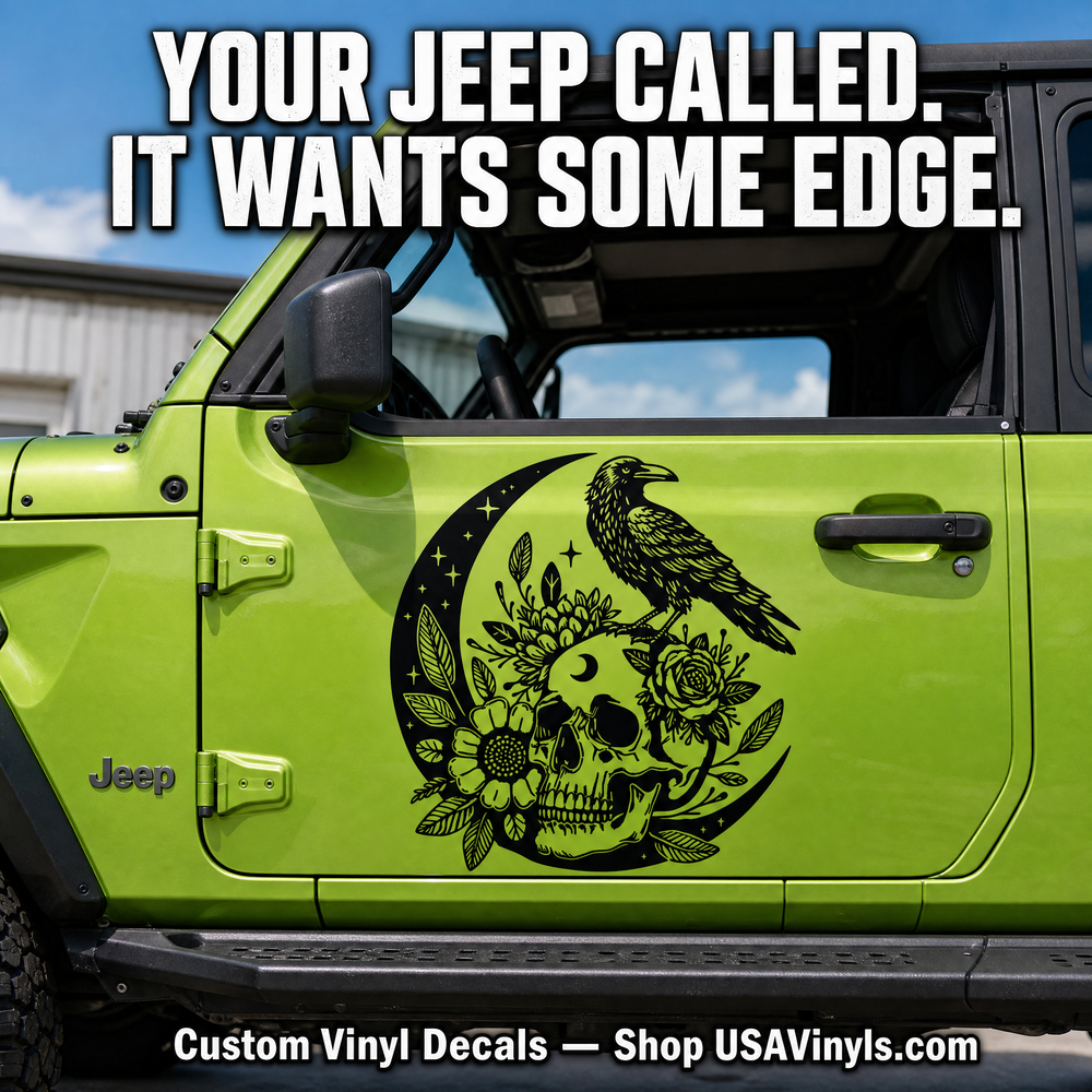 Raven Skull Moon Hood Decal | Gothic Floral Car Vinyl Sticker | Crescent Moon Skull Graphic | Fits Cars Trucks SUVs