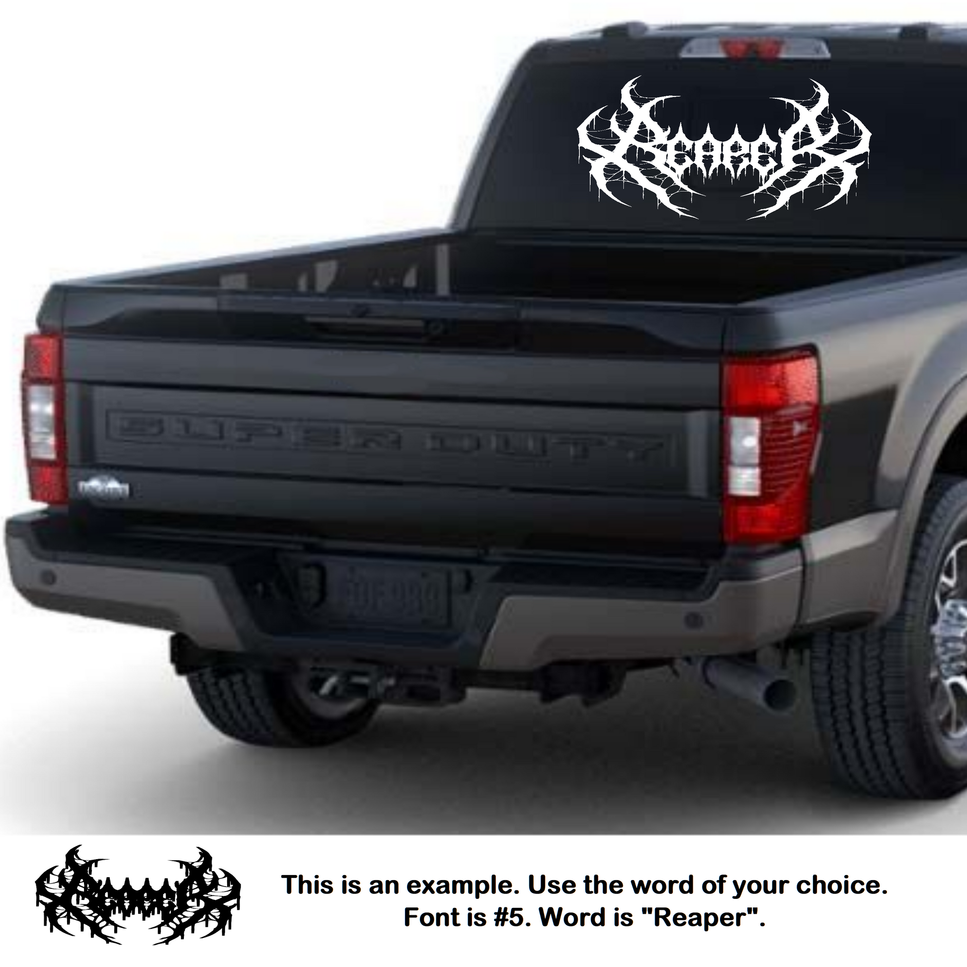 Black truck with a decorative decal on the back window