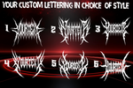 Set of six stylized text designs on a black background with red accents.