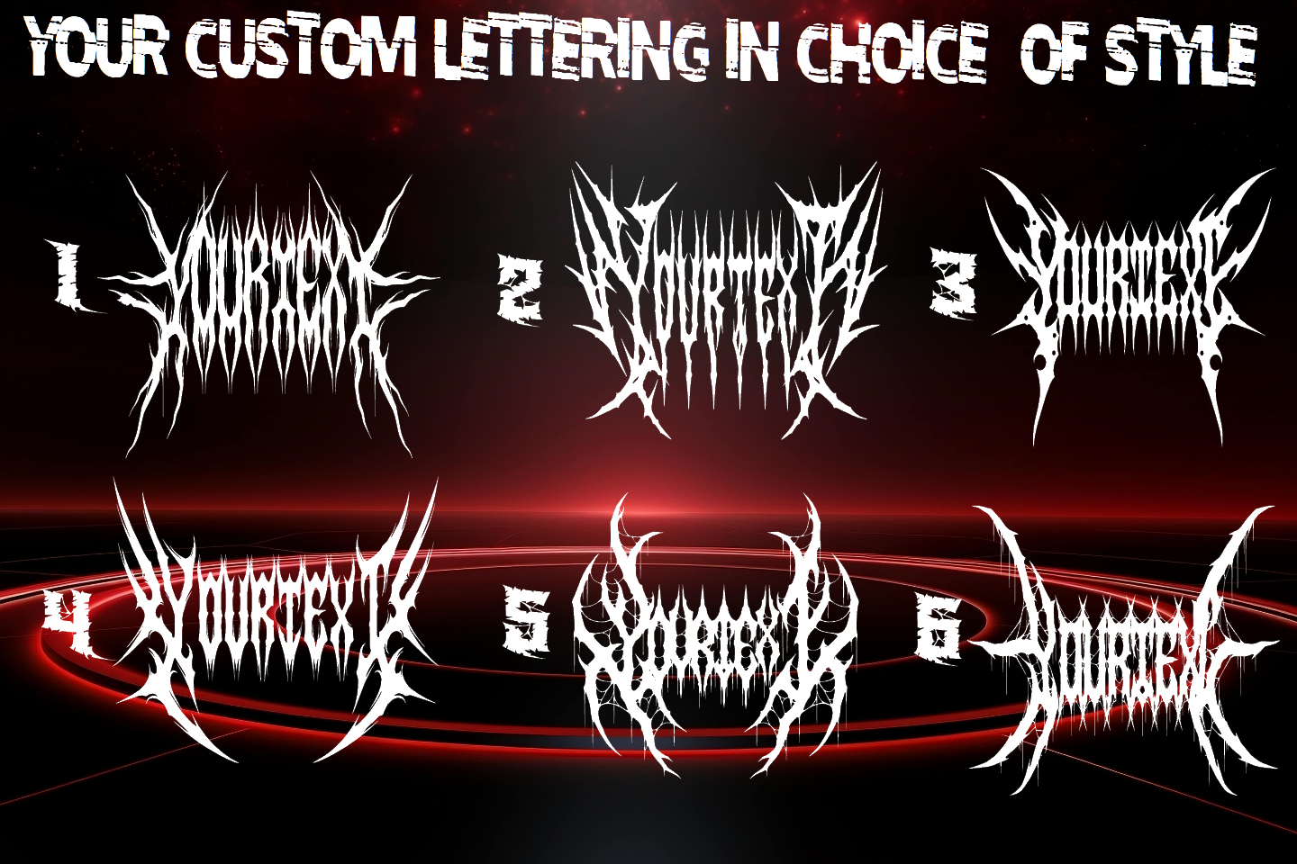 Set of six stylized text designs on a black background with red accents.