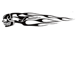 A black and white flame skull graphic on a plain white background. 