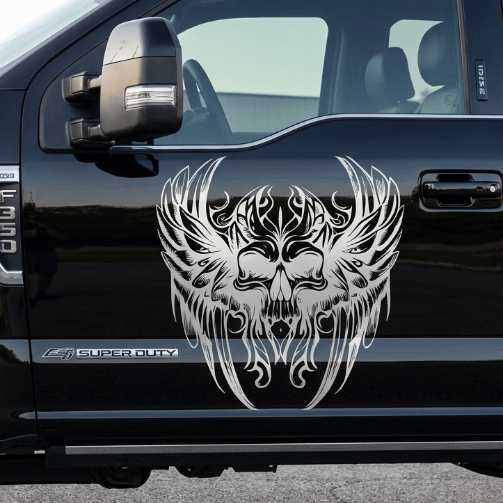 Silver gothic winged skull viny decal on black  truck