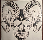 Skull with large horns on a plain background