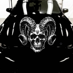 Skull with Horns vinyl car/wall decal, white, 33×26 in, die‑cut with no background on black hood