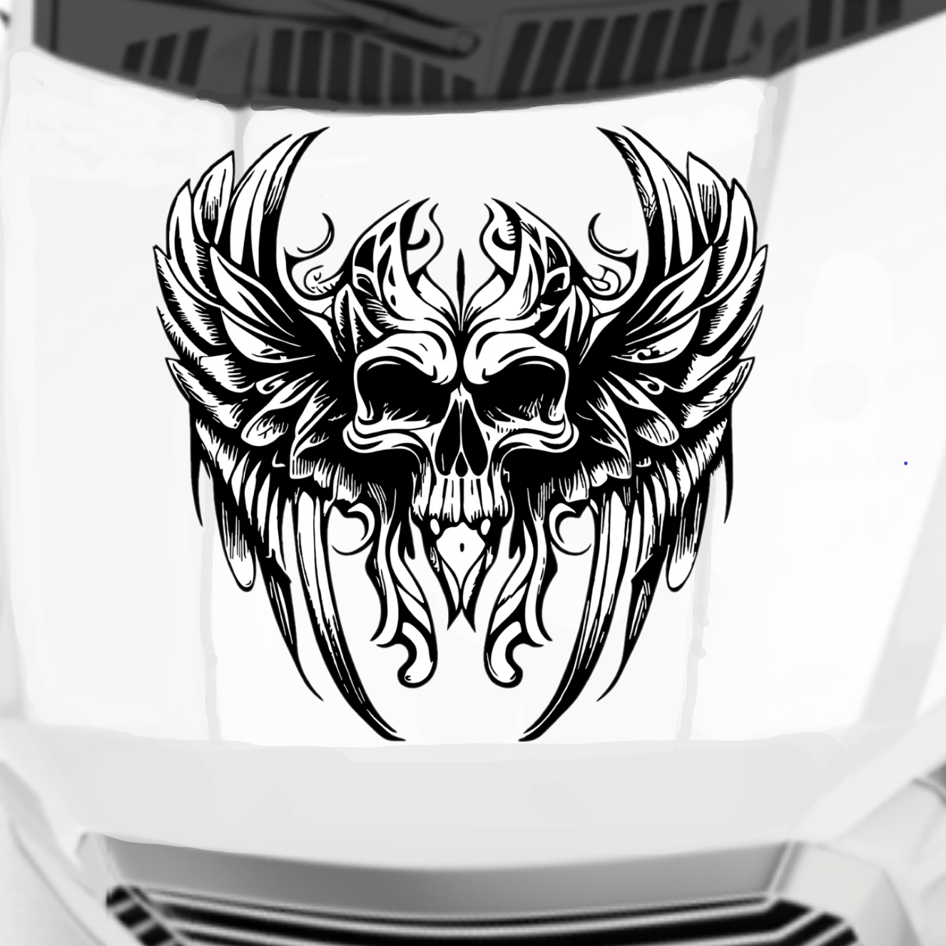Black gothic winged skull viny decal in black on white truck