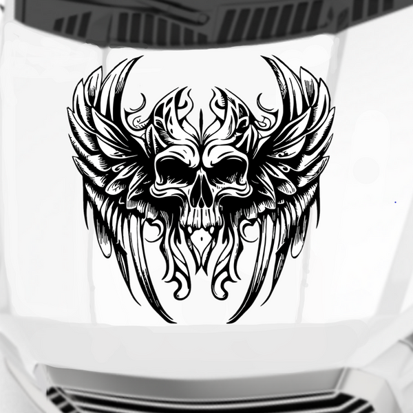 Black gothic winged skull viny decal in black on white truck