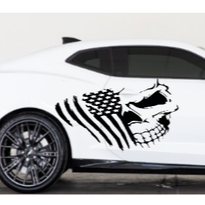 “Black matte Skull with American Flag decal, applied to caar, high‑contrast silhouette”