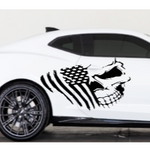 “Black matte Skull with American Flag decal, applied to caar, high‑contrast silhouette”