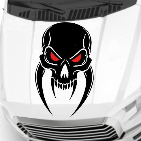 Car window with a vinyl decal of a black skull with red eyes on a white background