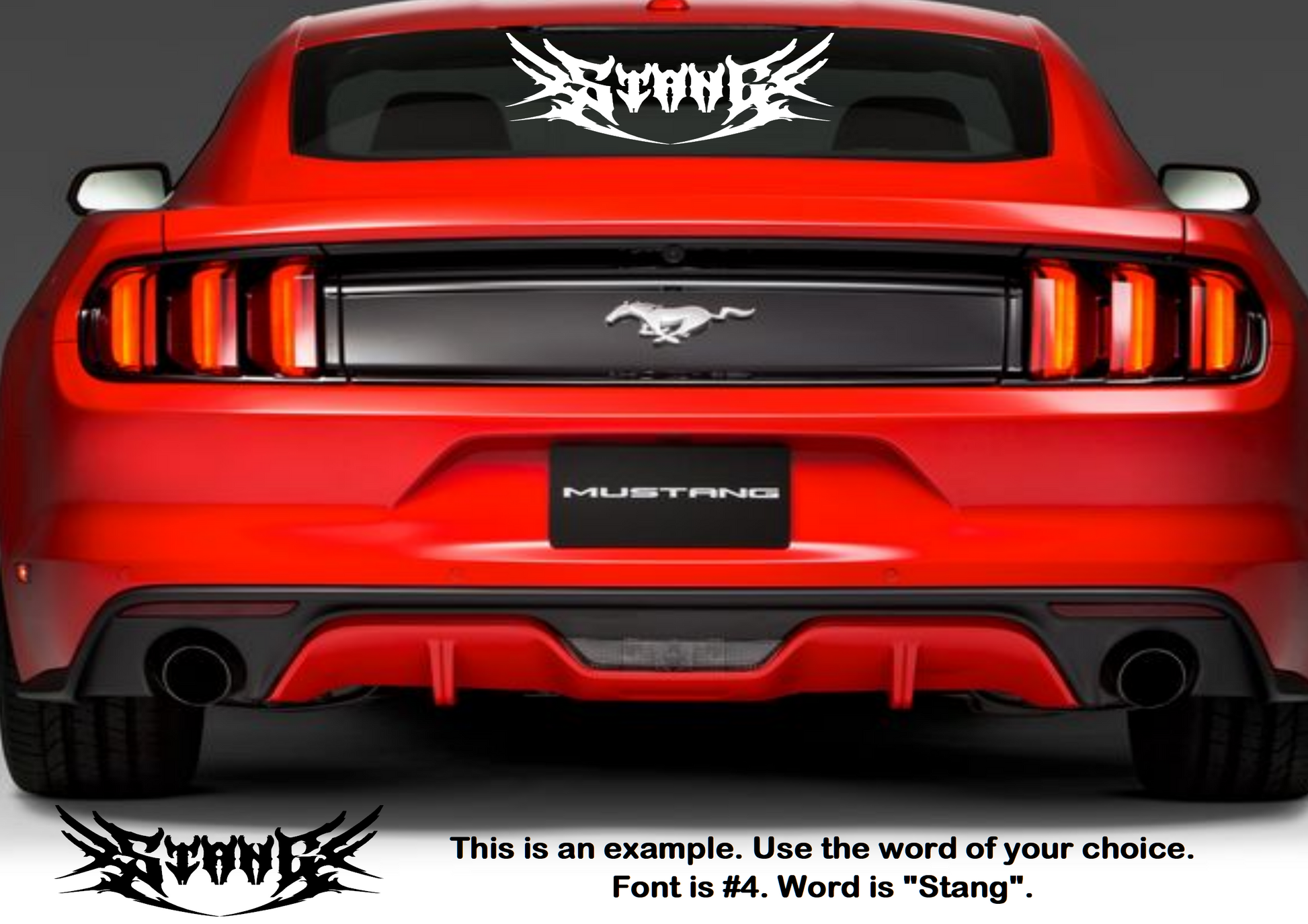 Red Mustang car with a custom 'Stang' decal on a gray background