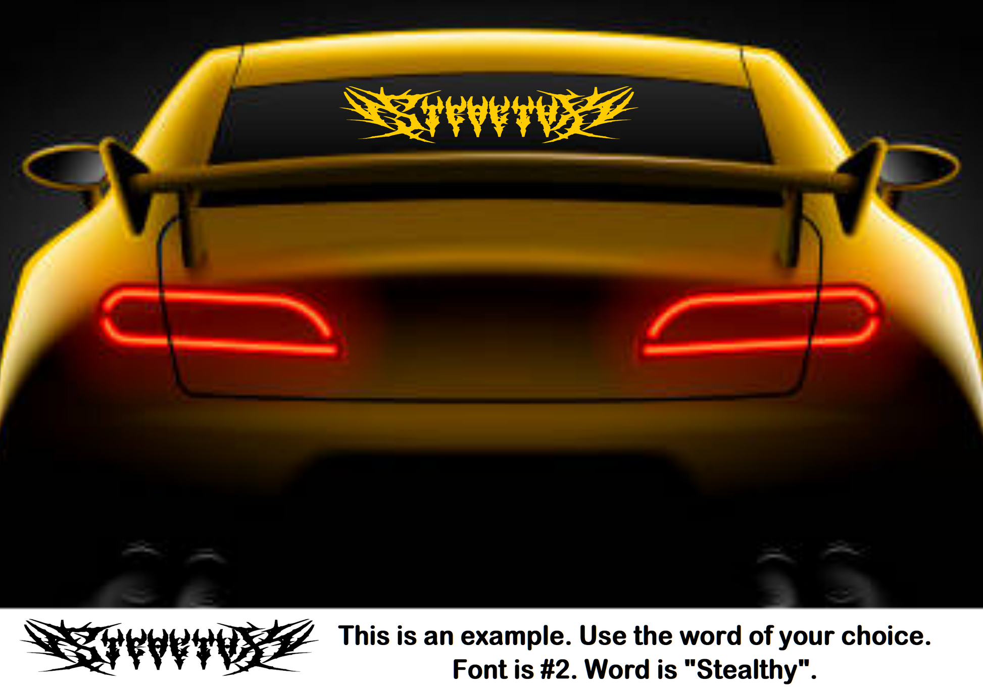 Yellow car with a custom vinyl decal on the back window against a black background
