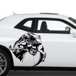 T‑Rex eating raptor vinyl car decal, black on white car, die‑cut with no background”