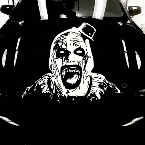 White matte horror clown‑mask wall decal, large size, high‑contrast silhouette on vehicle 