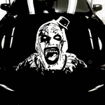 White matte horror clown‑mask wall decal, large size, high‑contrast silhouette on vehicle 