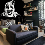 White matte horror clown‑mask wall decal, large size, high‑contrast silhouette on wall