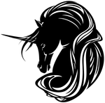 Black unicorn vinyl decal with flowing mane, die-cut with no background, shown on white Ford Mustang hood, available in multiple colors and sizes for vehicles, walls, and laptops.