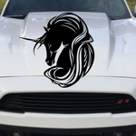 Black unicorn vinyl decal with flowing mane, die-cut with no background, shown on white Ford Mustang hood, available in multiple colors and sizes for vehicles, walls, and laptops.