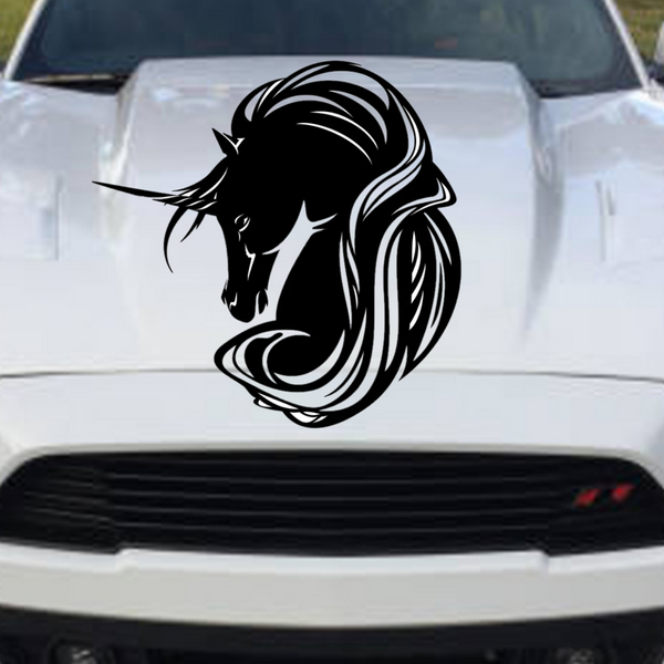 Black unicorn vinyl decal with flowing mane, die-cut with no background, shown on white Ford Mustang hood, available in multiple colors and sizes for vehicles, walls, and laptops.