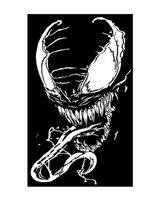 “Venom‑inspired vinyl hood decal in white, applied on a black car, die‑cut with no background”