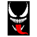 “Venom‑inspired vinyl hood decal with red‑tongue accent, white main graphic on black car, die‑cut with no background”