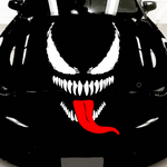 “Venom‑inspired vinyl hood decal with red‑tongue accent, white main graphic on black car, die‑cut with no background”