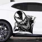 “Venom‑inspired car/wall vinyl decal, white, die‑cut with no background on yellow car hood”