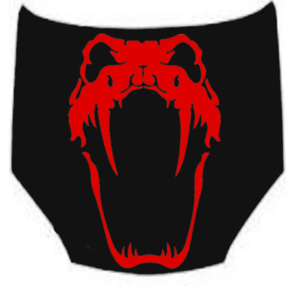 “Viper snake vinyl hood/side car decal, red, large size, die‑cut with no background on black hood”