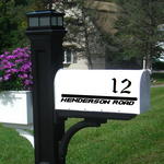“Custom mailbox address decal set of 2, black vinyl on white mailbox, 6‑year outdoor film, painted‑on look”