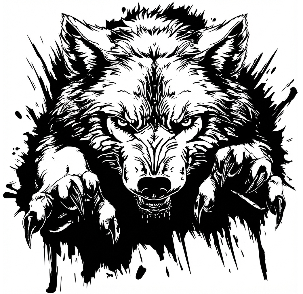 Wolf ‘popping‑out’ vinyl car/wall decal, black, die‑cut with no background on vehicle hood”
