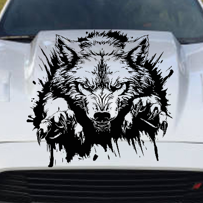 Wolf decal on a car hood with a white car in the background