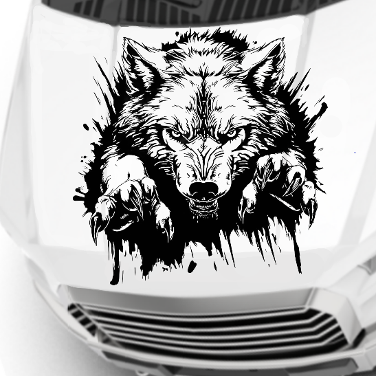 Wolf ‘popping‑out’ vinyl car/wall decal, black, die‑cut with no background on vehicle hood”