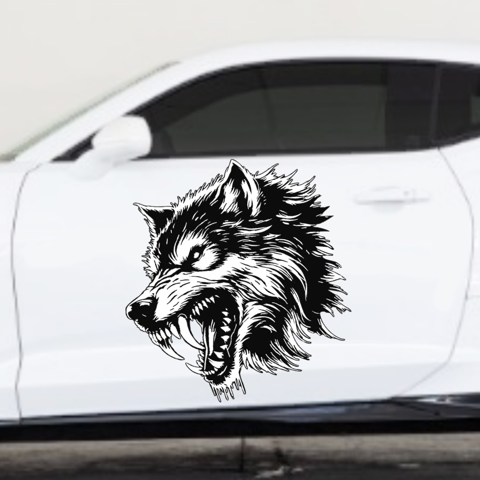 White car with a wolf decal on a white background