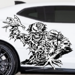 “Zombie graphic vinyl decal, white, applied on white car door; single‑color, high‑contrast design”