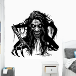 “Zombie/Banshee ‘Black Annis’ vinyl hood decal, white, die‑cut with no background on green car”
