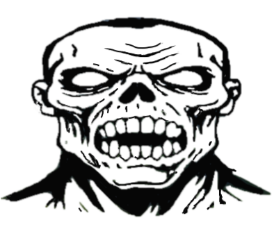 Black and white illustration of a Zombie with a mouth open on a white background