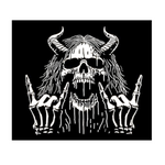 Black and white illustration of a skull with horns and a goatee, making a rock sign.