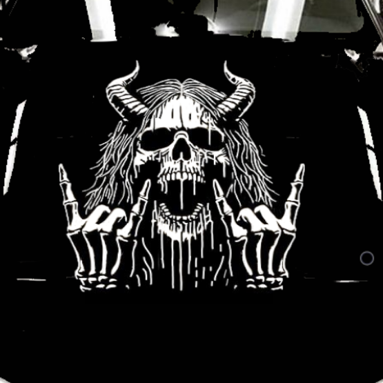 Black car with a white graphic of a bull on the hood against a white background