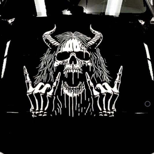 Black car with a white graphic of a bull on the hood against a white background
