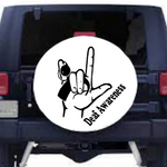 A black vinyl decal showing the ASL "I Love You" hand sign combined with a cochlear implant graphic, and the words "Deaf Awareness" below.