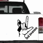 A black vinyl decal showing the ASL "I Love You" hand sign combined with a cochlear implant graphic, and the words "Deaf Awareness" below.