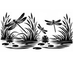 Black and white vector graphic of a natural pond scene featuring dragonflies, reeds, lily pads, and water ripples, centered on a white background.