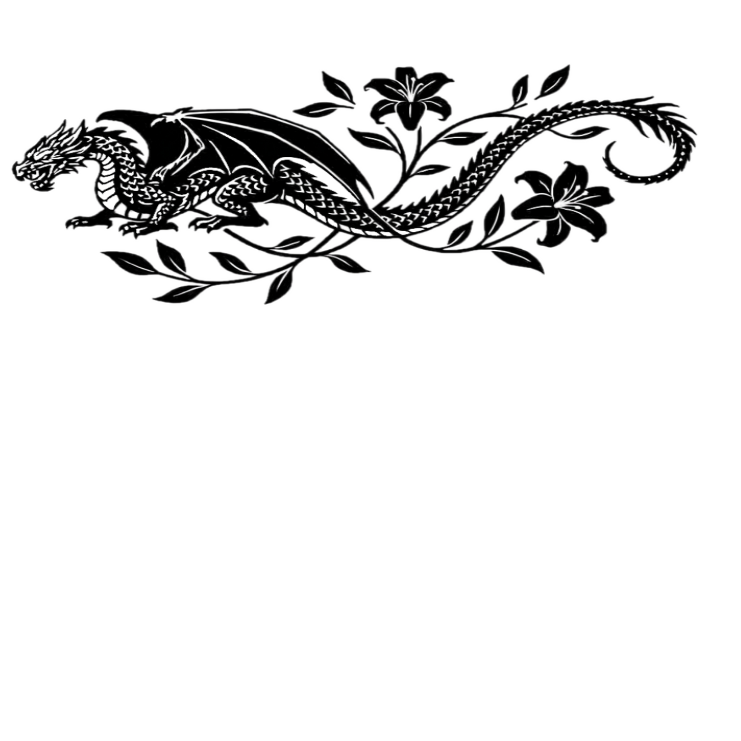Decorative black dragon design on a white background