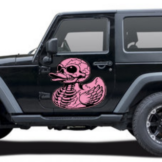 Black Jeep Wrangler with pink skull design on a white background