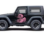 Pink duck skull vinyl decal on grey vehicle door, single‑color design”