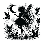 Black fairy silhouette vinyl decal with moon, butterflies, and flowers 