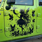 Black fairy silhouette vinyl decal with moon, butterflies, and flowers on a lime green Jeep door