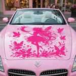 Pink  fairy silhouette vinyl decal with moon, butterflies, and flowers on a pink car